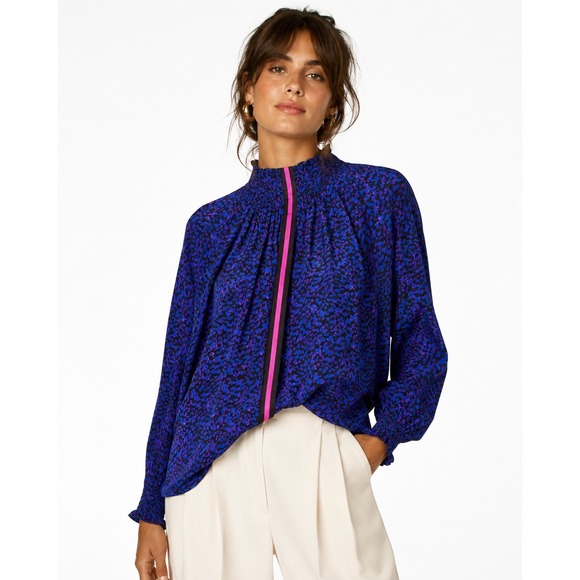 Rungolee Tops - Rungolee Silk Brooklyn Blue Pink Animal Leopard Print Smocked Neck Tie Blouse M